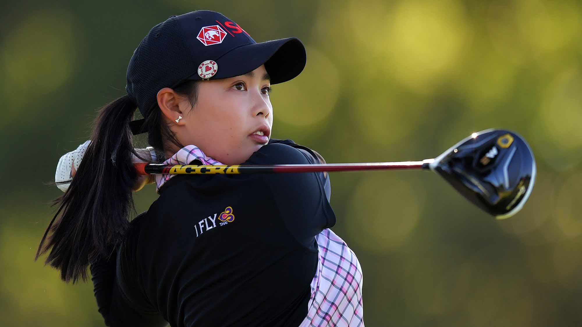 Moriya Jutanugarn of Thailand hits her tee shot on the 16th hole during the second round of the Walmart NW Arkansas Championship Presented by P&G