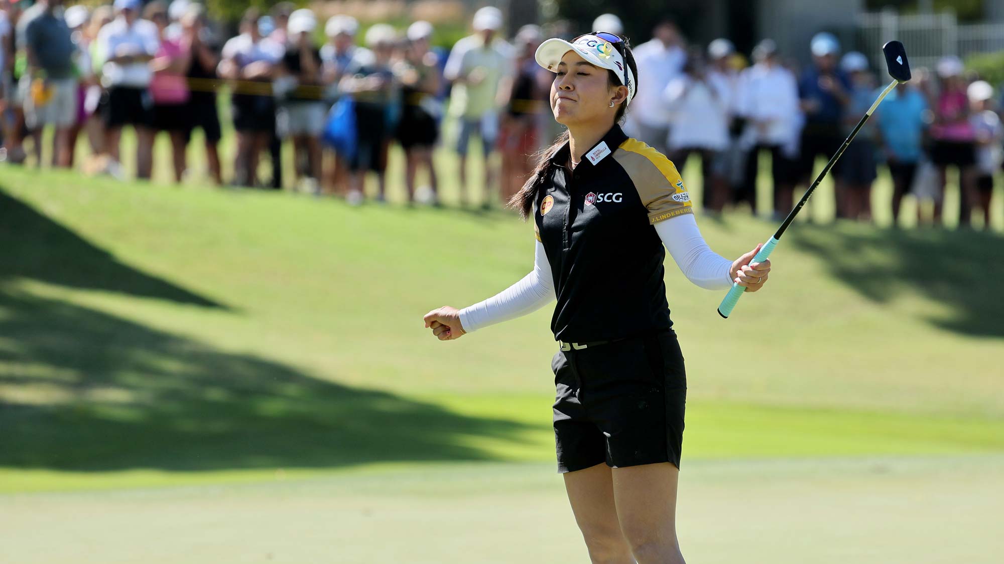 Atthaya Thitikul of Thailand celebrates after winning the Walmart NW Arkansas Championship Presented by P&G