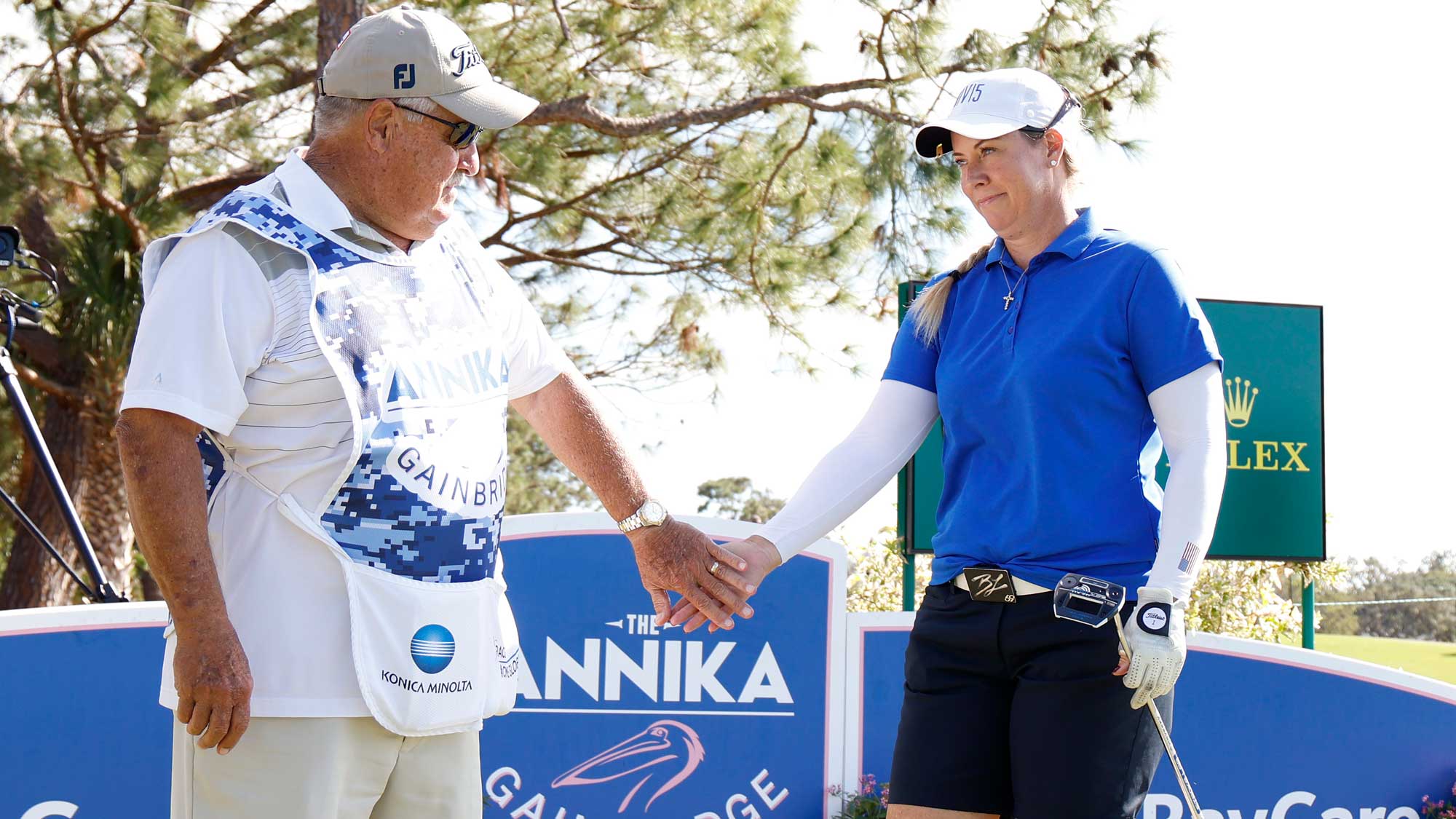 Brittany Lincicome of the United States and father and caddie, Tom, walk off the 18th tee during the final round of The ANNIKA driven by Gainbridge at Pelican 2024 at Pelican Golf Club on November 17, 2024 in Belleair, Florida.