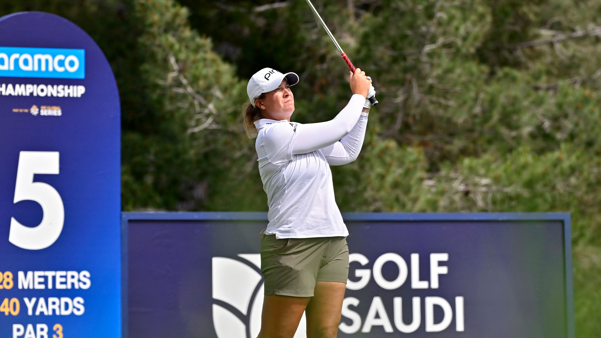 Lauren Coughlin of the United States plays her shot from the fifth tee during the first round of the Aramco Championship 2026 at Shadow Creek Golf Course on April 02, 2026 in Las Vegas, Nevada.