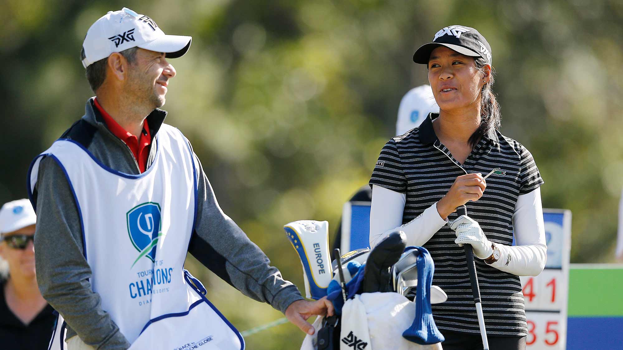 Celine Boutier of France talks with her caddie on the seventh tee during the second round of the Diamond Resorts Tournament of Champions at Tranquilo Golf Course at Four Seasons Golf and Sports Club Orlando on January 17, 2020 in Lake Buena Vista, Florida