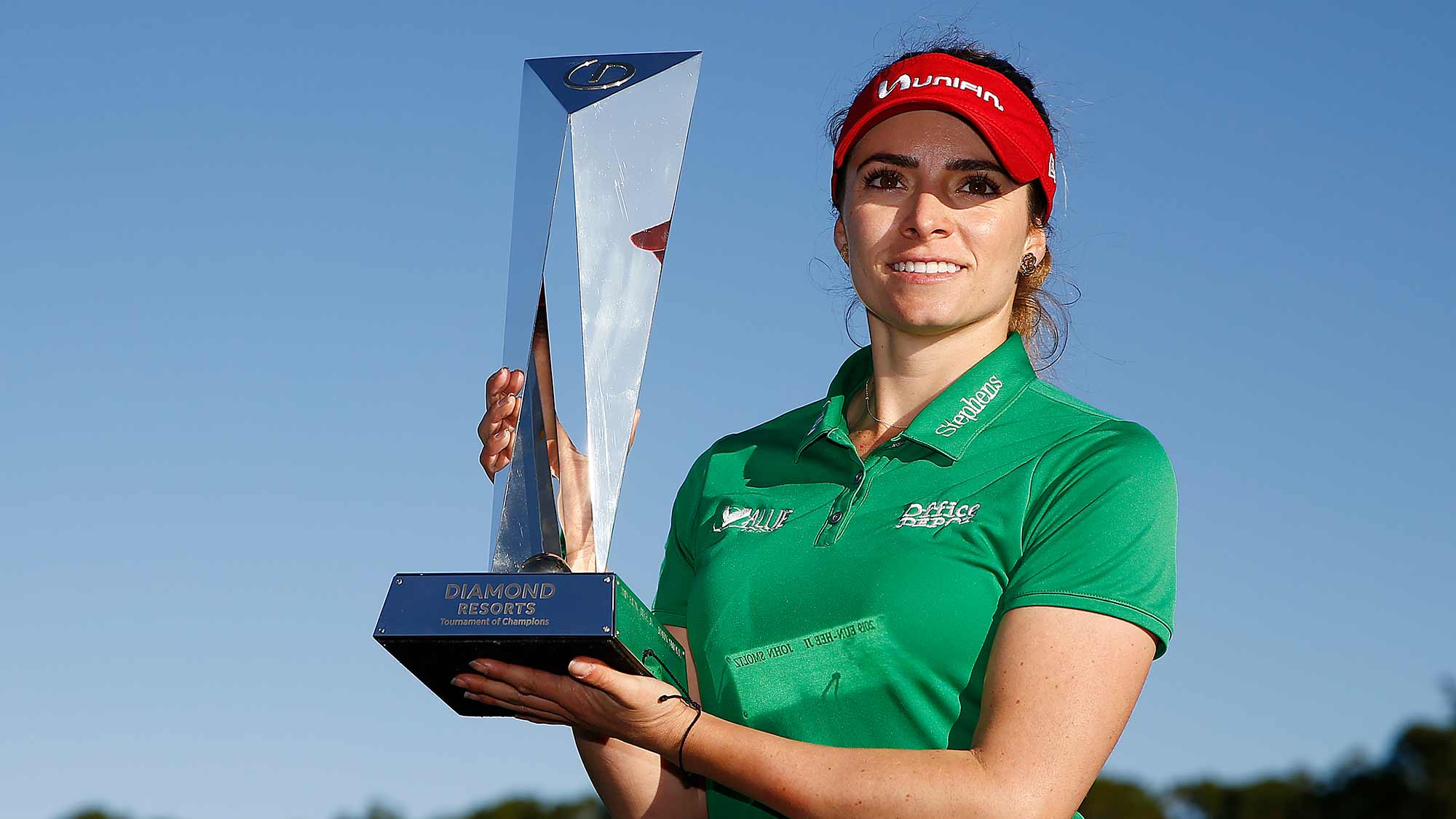 Gaby Lopez of Mexico poses with the trophy after winning the Diamond Resorts Tournament of Champions at Tranquilo Golf Course at Four Seasons Golf and Sports Club Orlando on January 20, 2020 in Lake Buena Vista, Florida