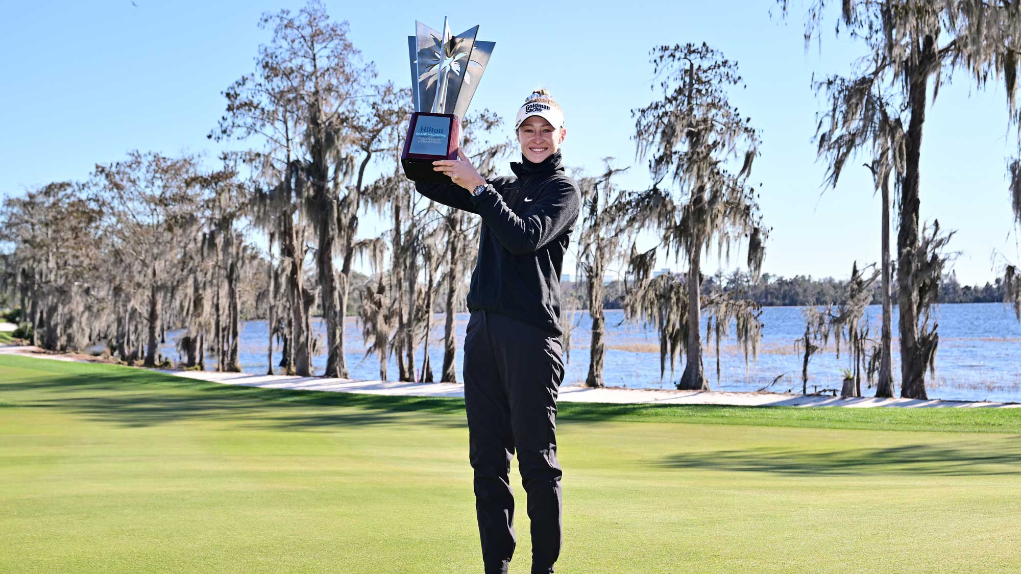 elly Korda of the United States poses with the trophy following the completion of the third round of the Hilton Grand Vacations Tournament of Champions 2026 at Lake Nona Golf & Country Club on February 1, 2026 in Orlando, Florida. The tournament was shortened to 54 holes due to adverse weather conditions.