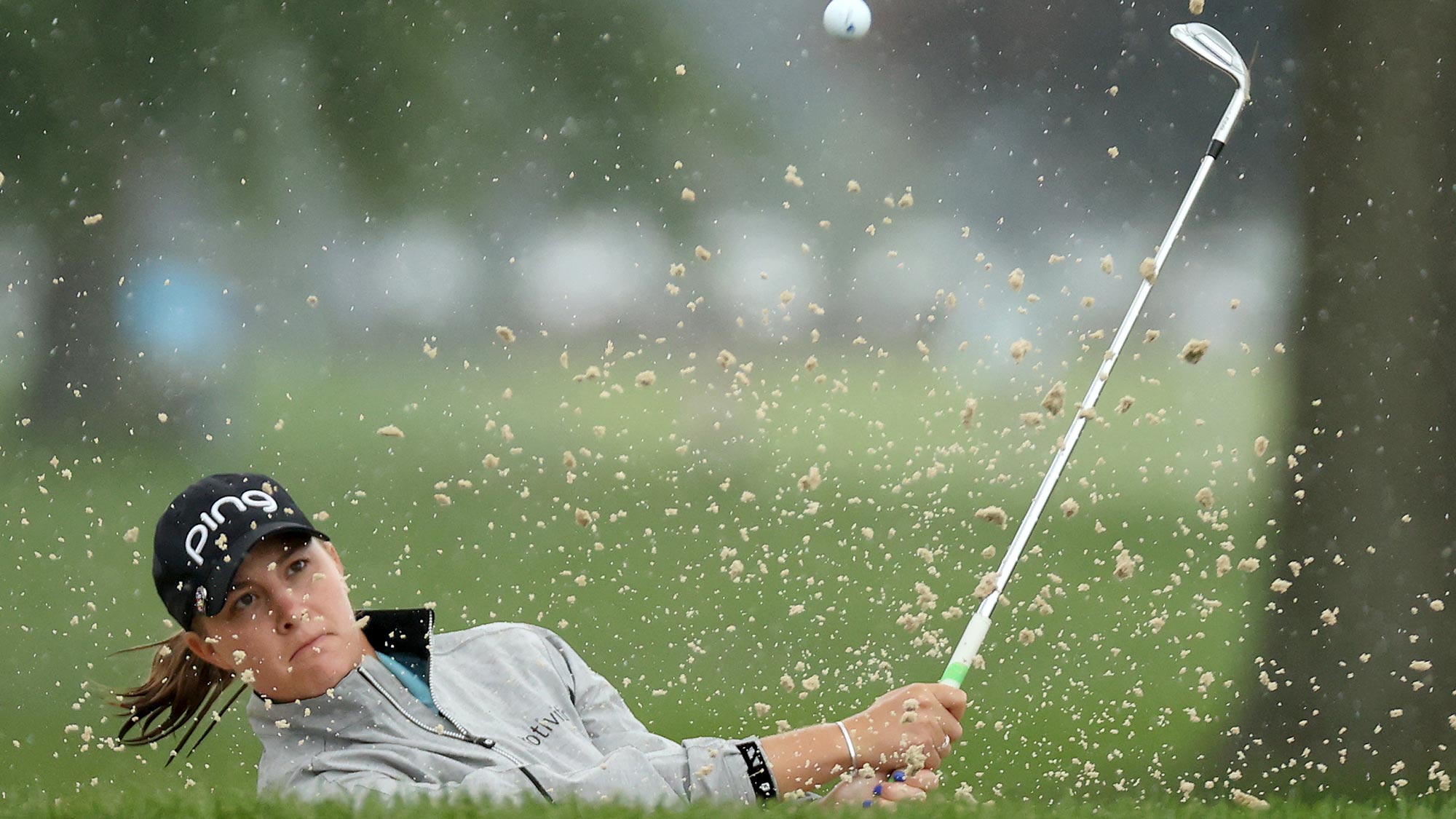 Jennifer Kupcho plays a shot from a bunker on the second hole during the second round of the LPGA Drive On Championship