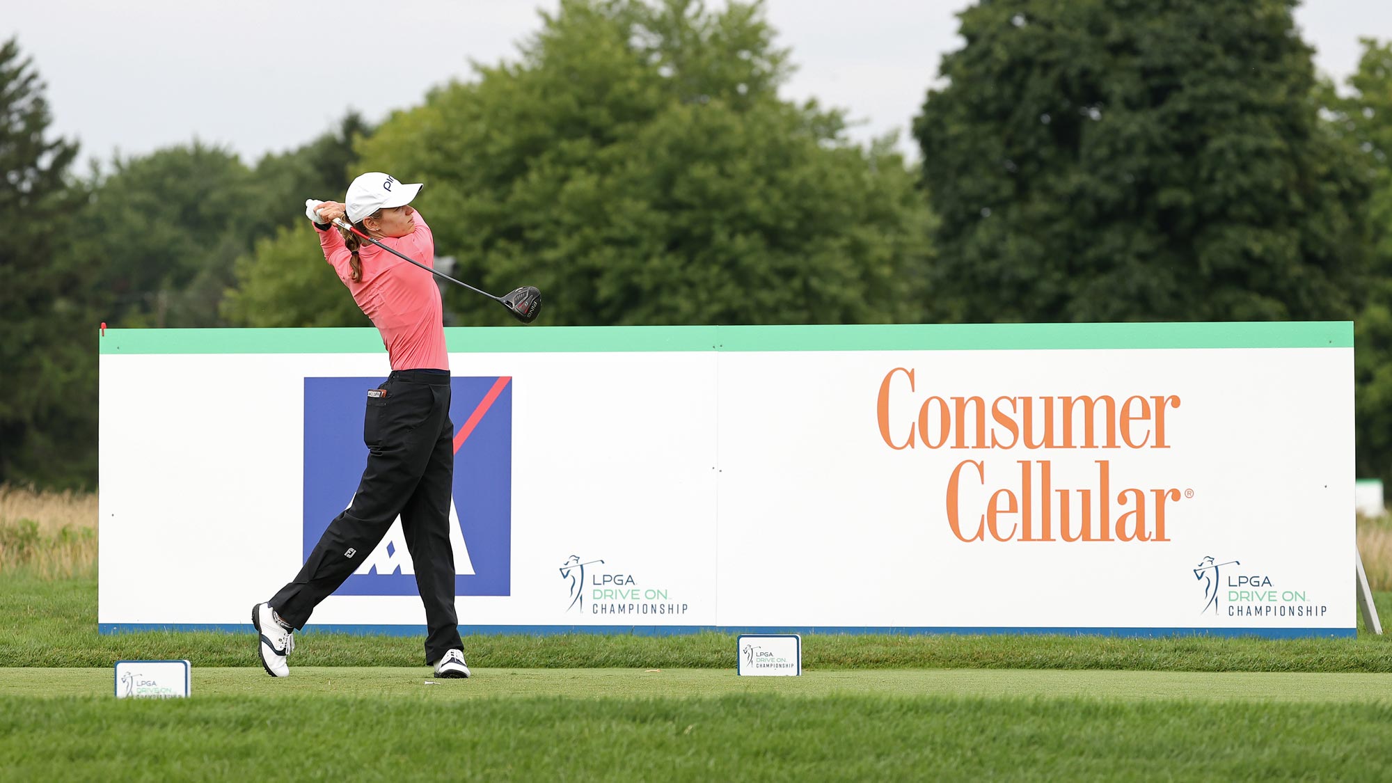 Sarah Schmelzel plays her shot from the 14th tee during the final round of the LPGA Drive On Championship