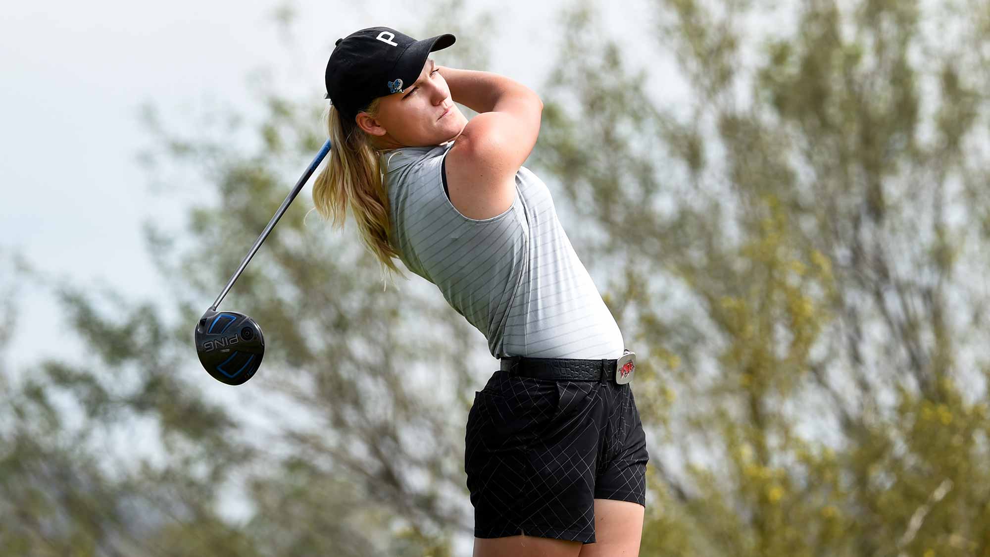  Alana Uriell hits her drive on the 18th hole during the first round of the Bank of Hope Founders Cup at the Wildfire Golf Club on March 21, 2019 in Phoenix, Arizona