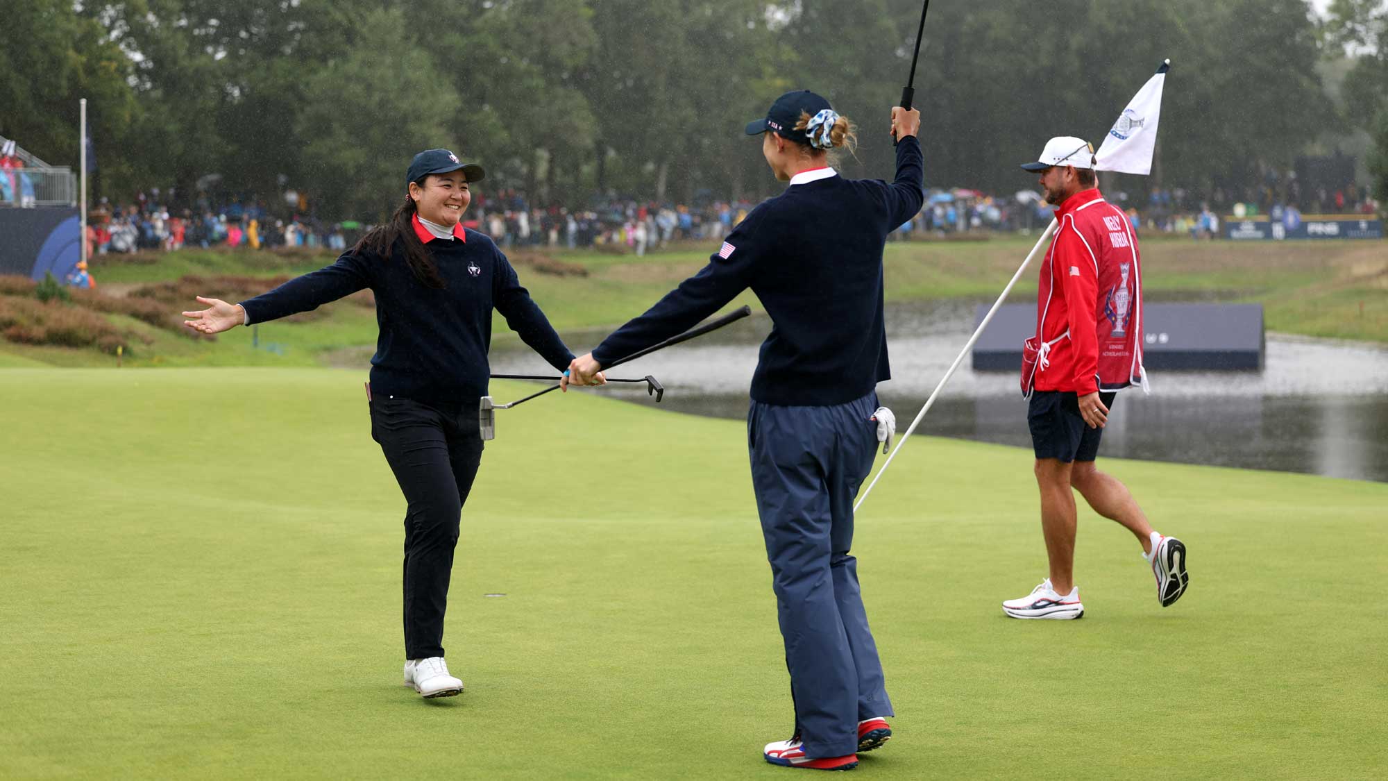 Allisen Corpuz of Team United States and Nelly Korda of Team United States celebrates their match win during the first round of the Solheim Cup 2026 at Bernardus Golf on September 11, 2026 in Cromvoirt, Netherlands.