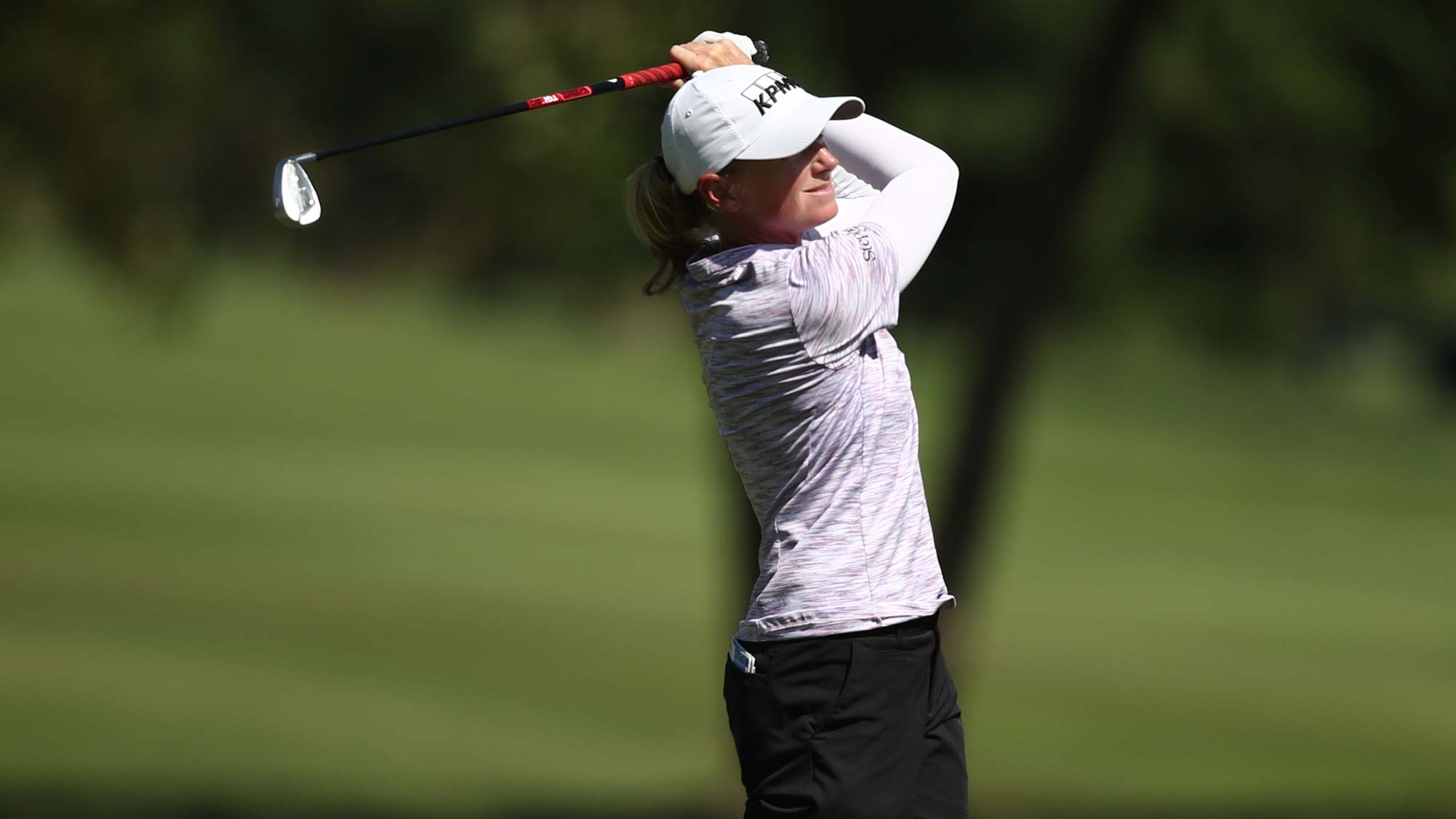 Stacy Lewis plays a shot on the ninth hole during the first round of the LPGA Walmart NW Arkansas Championship 